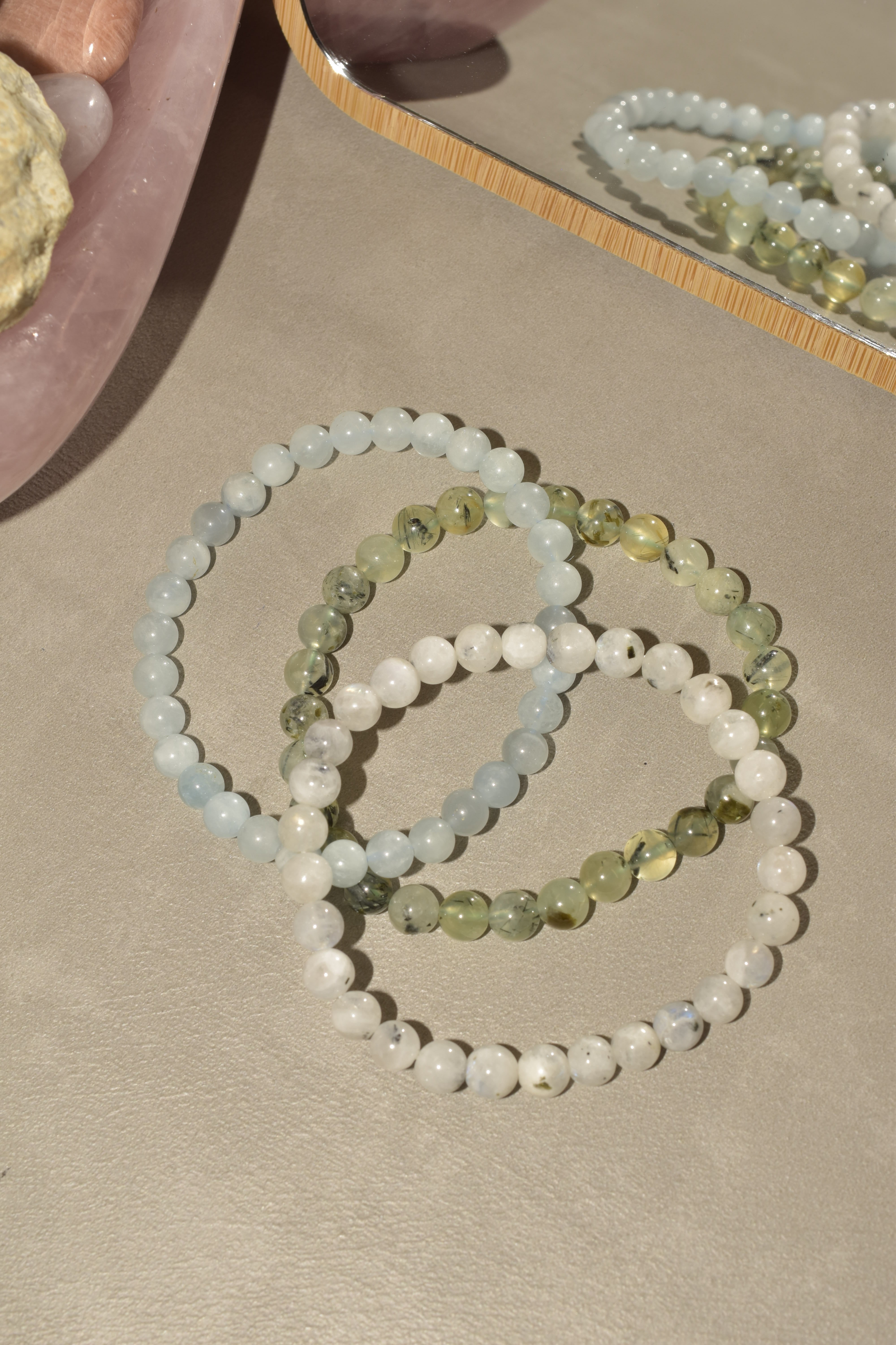 Bracciali combo con Acquamarina, Pietra di Luna arcobaleno e Prehnite