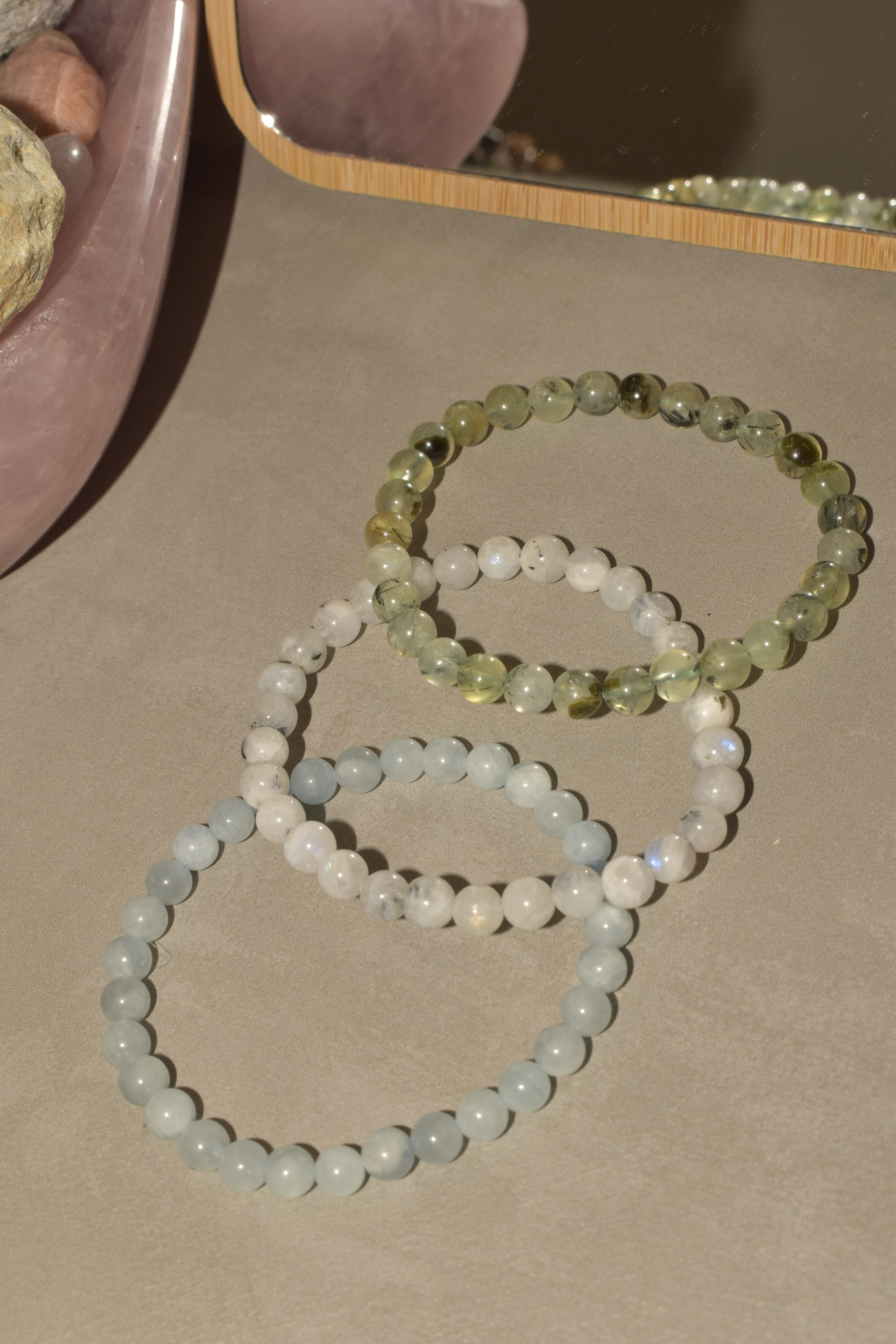 Bracciali combo con Acquamarina, Pietra di Luna arcobaleno e Prehnite
