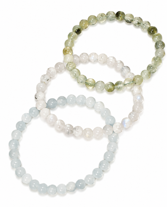 Bracciali combo con Acquamarina, Pietra di Luna arcobaleno e Prehnite