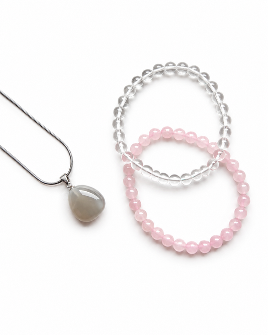 Combo gravidanza Pietra di luna, Quarzo rosa e Quarzo Ialino
